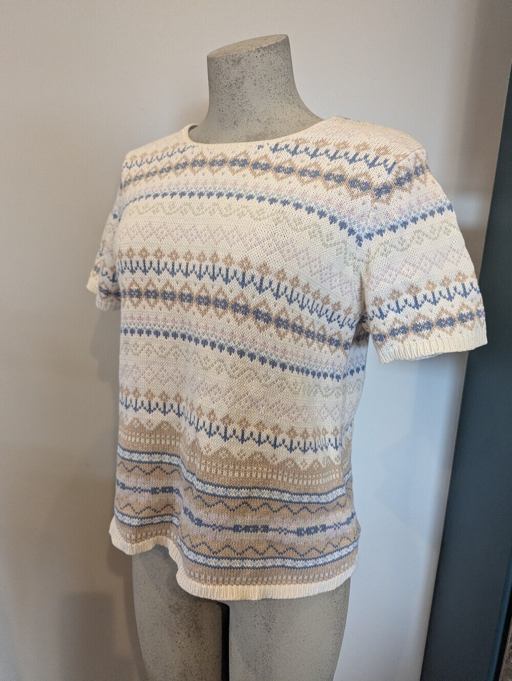 Eddie Bauer Green Blue Floral Fair Isle Knit Short Sleeve Crew Neck Sweater Sz M